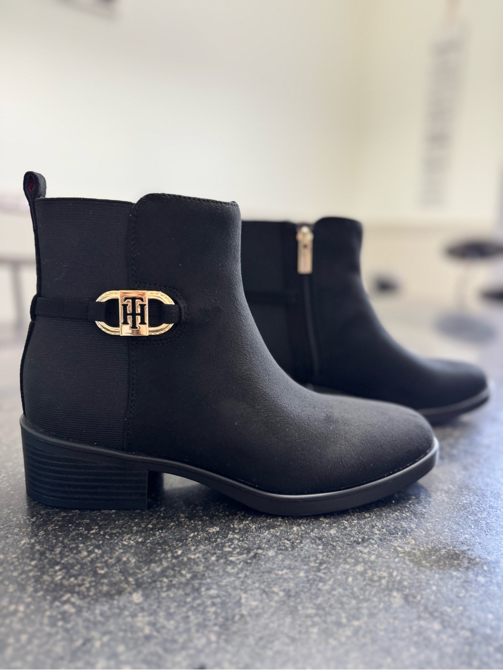 Tommy Hilfiger Black Ankle Booties with Gold Logo Accent